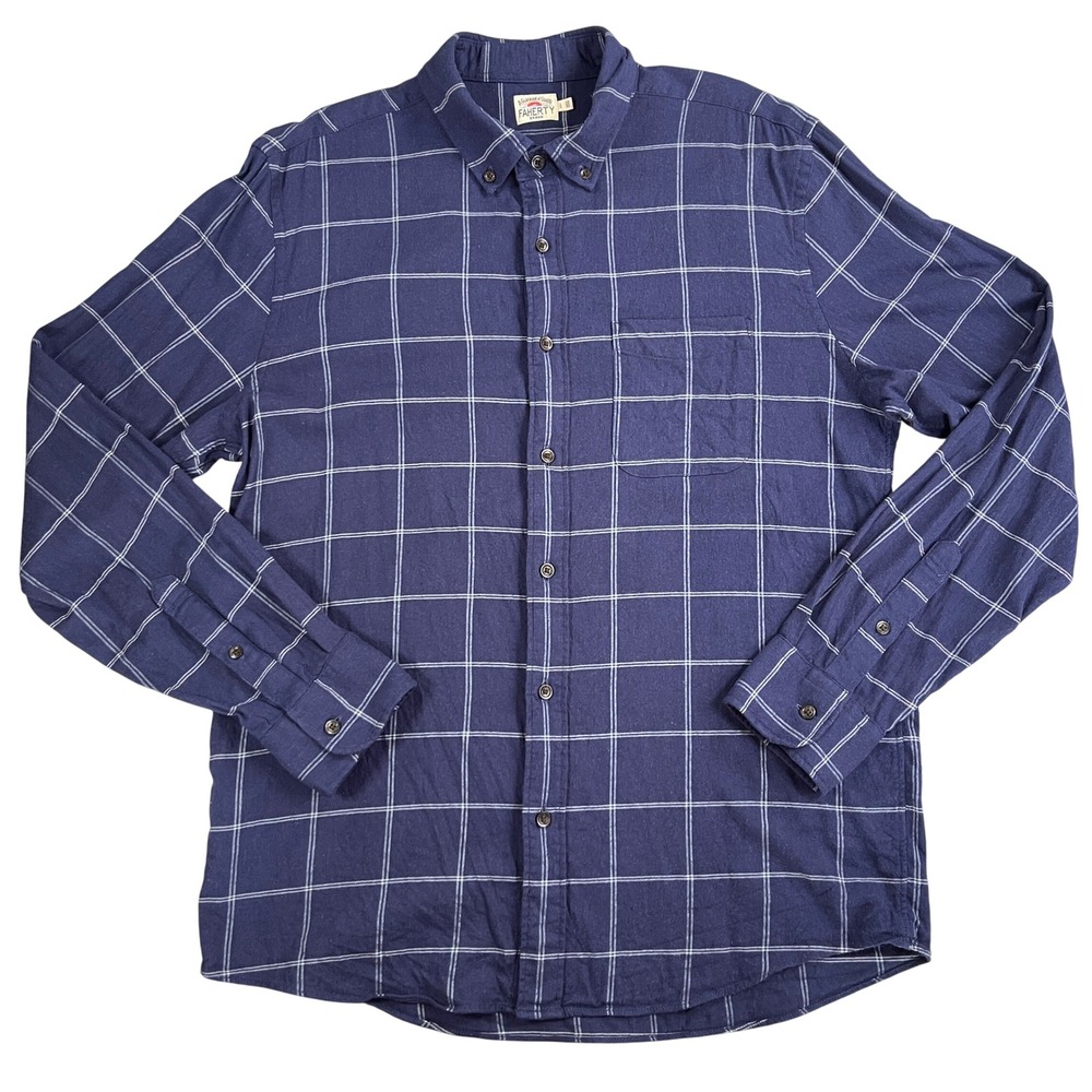 Faherty All Time Long Sleeve Flannel Button Down Shirt Mens Large‎ Blue Plaid